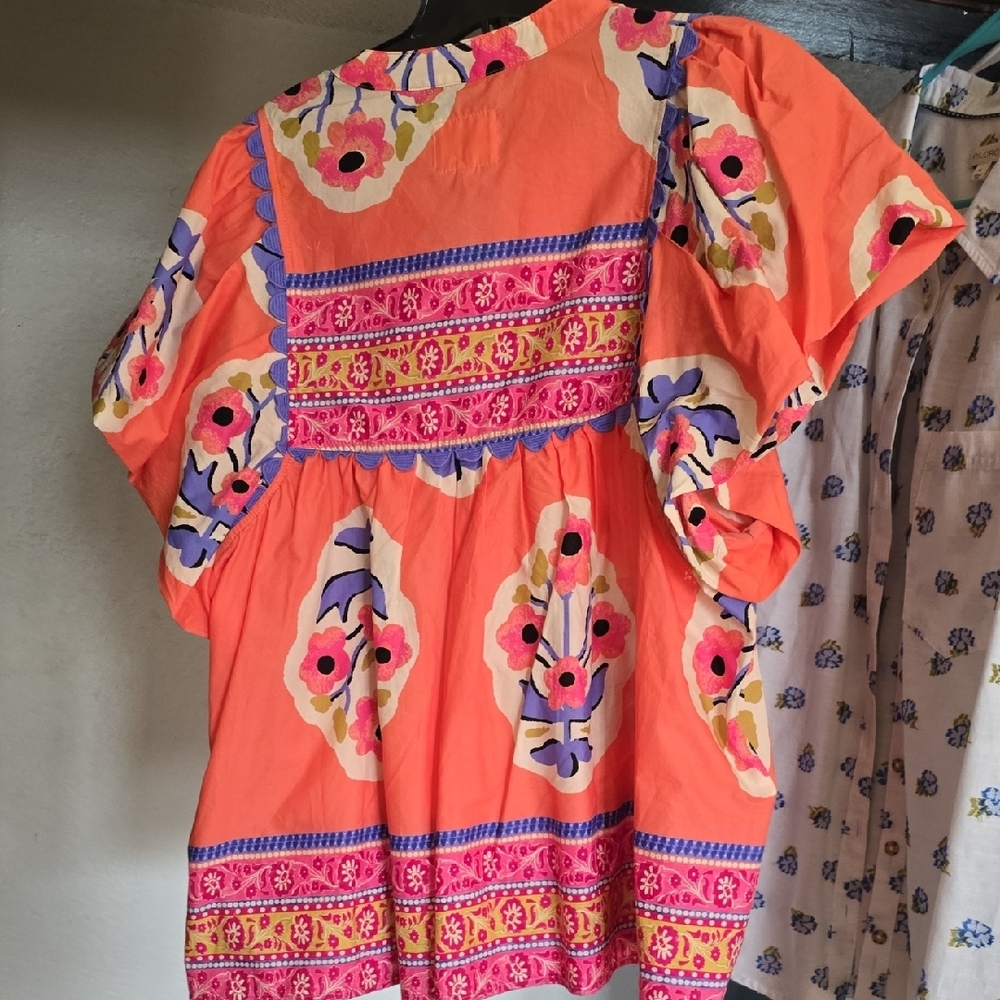 Umgee Coral Orange Floral Embroidered Tunic - Picture 3 of 3